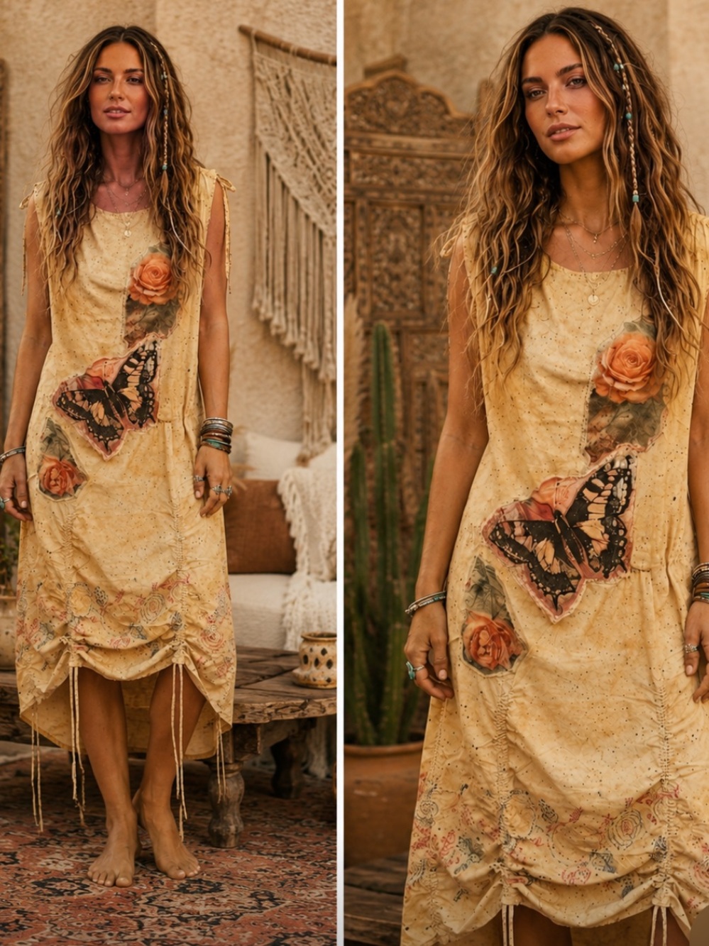 A RARE BIRD TEA STAINED Butterfly & Rose Print Midi Dress O/S